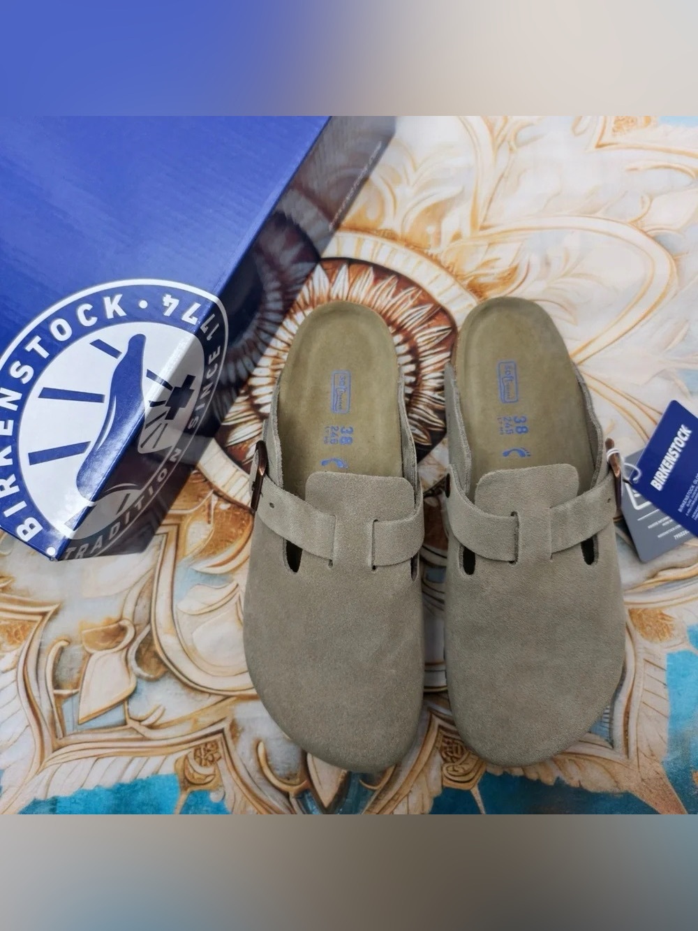 BIRKENSTOCK Boston taupe suede mule clogs